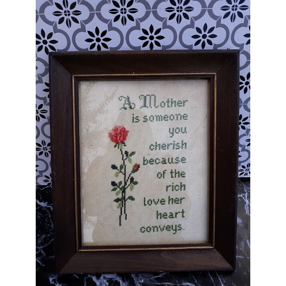 Vtg framed cross stitch mama farmhouse
